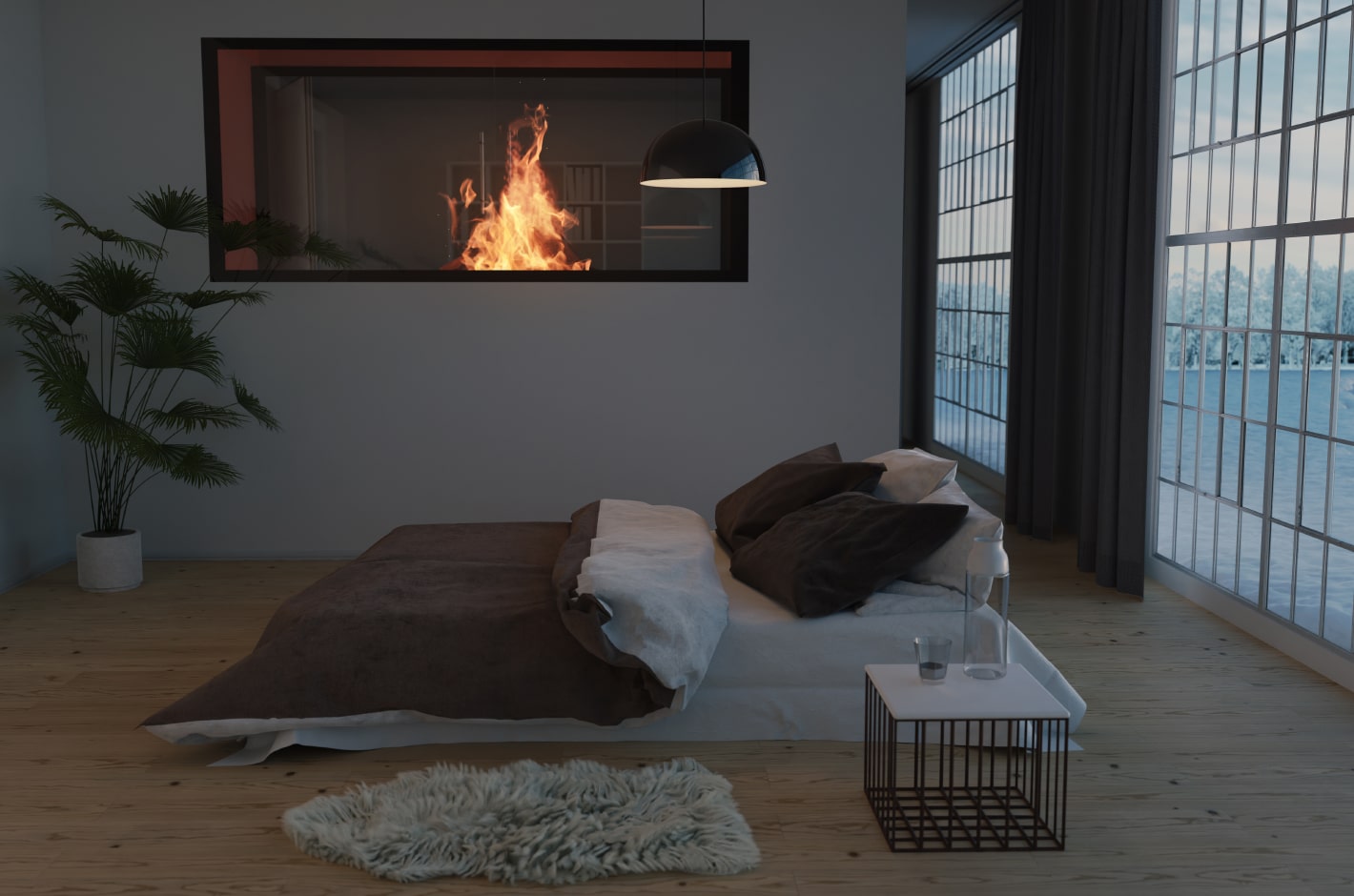 Modern bedroom with a built-in fireplace and panoramic windows.
