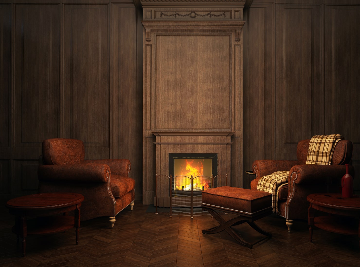 Wood-paneled living room with two armchairs and a fireplace.
