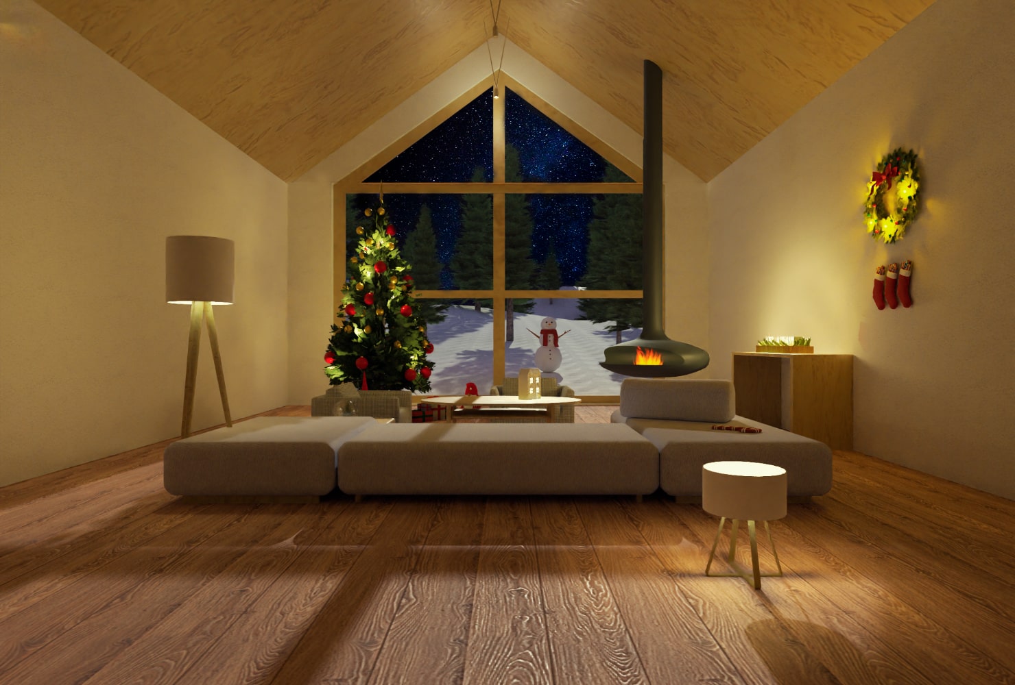 Cozy living room with a Christmas tree, panoramic window and a fireplace.