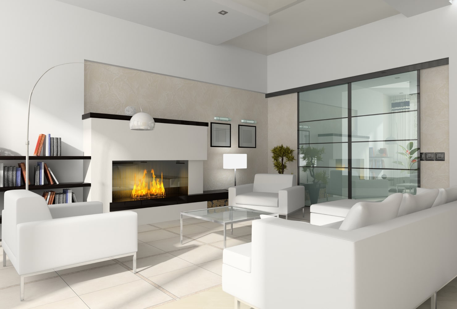 Modern bright living room with a fireplace.