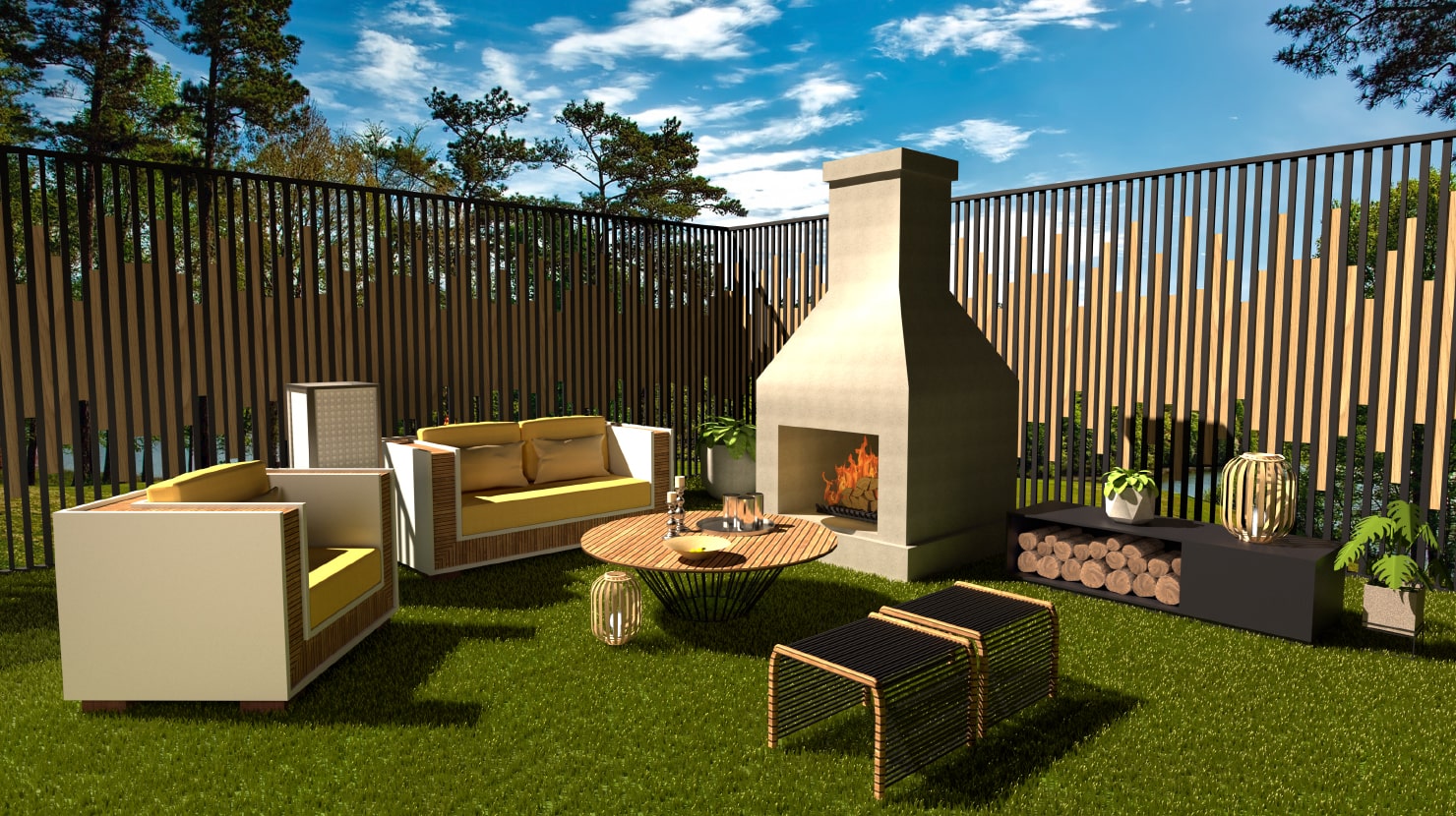Outdoor sitting area with a fireplace.