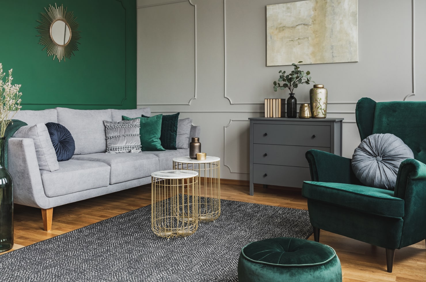 Living room in green and gray tones.