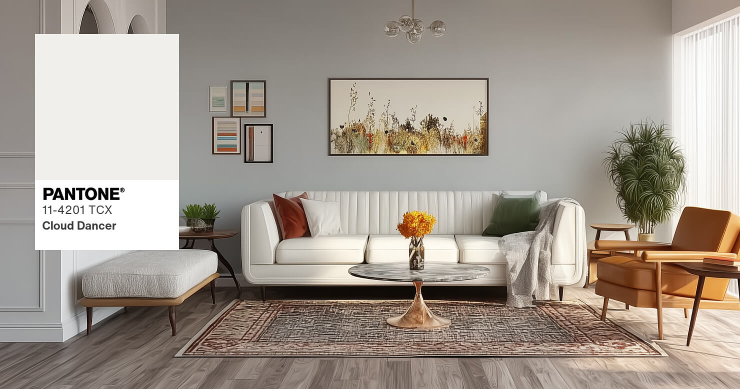  A bedroom designed using Cloud Dancer — the color of the year 2026 by Pantone.