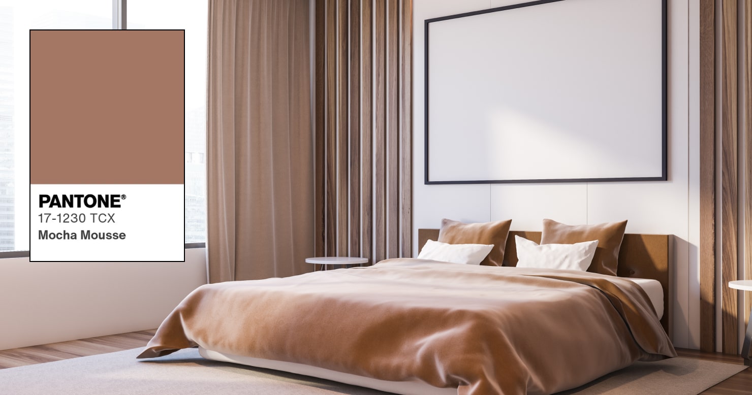 A bedroom designed using Mocha Mousse — the color of the year 2025 by Pantone.