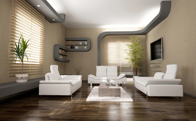 U shape living room with white furniture.