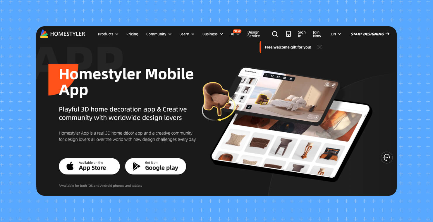 A screenshot of the Homestyler website on a blue background.
