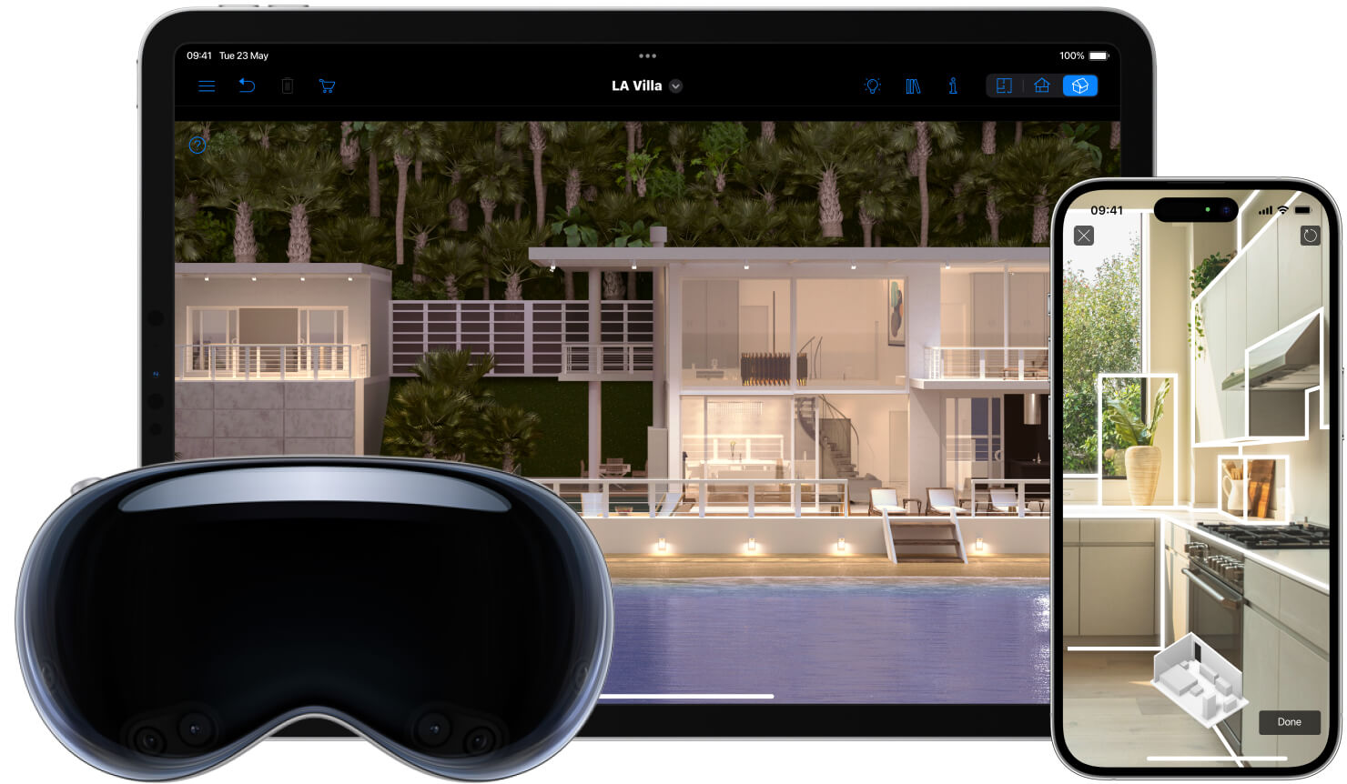 Live Home 3D home design app on iPad showing 3D house rendering, iPhone with AR interior view, and Apple Vision Pro.