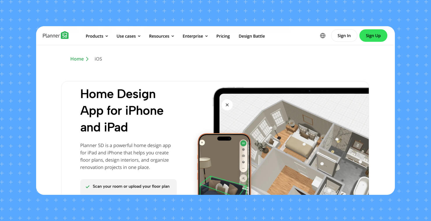 A screenshot of the Planner 5D website on a blue background.