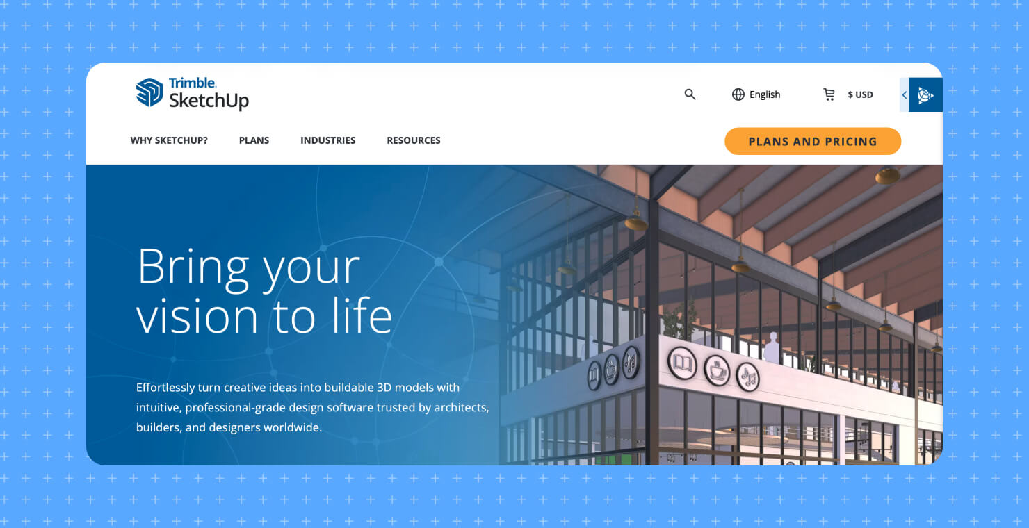 A screenshot of the SketchUp website on a blue background.