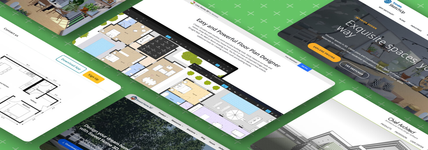 A collage comparing home design software websites, including Live Home 3D, SketchUp, Chief Architect and RoomSketcher.