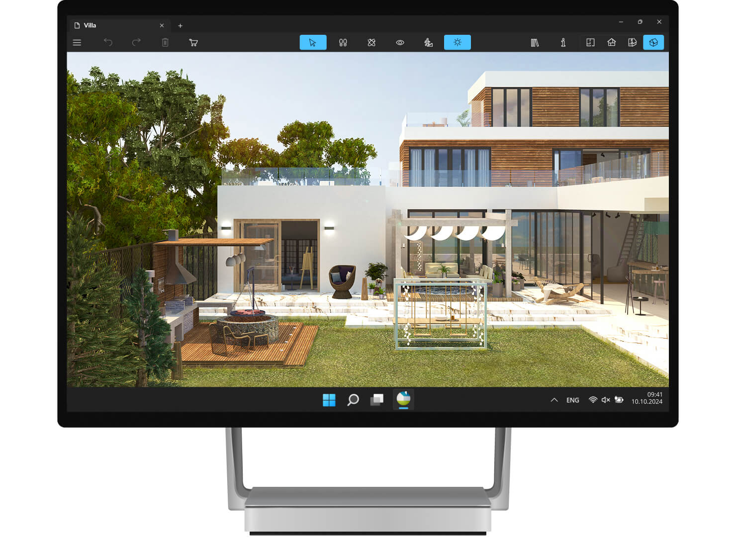 Live Home 3D app running on a Windows desktop, showcasing a photorealistic 3D view of a modern house and landscaped garden.