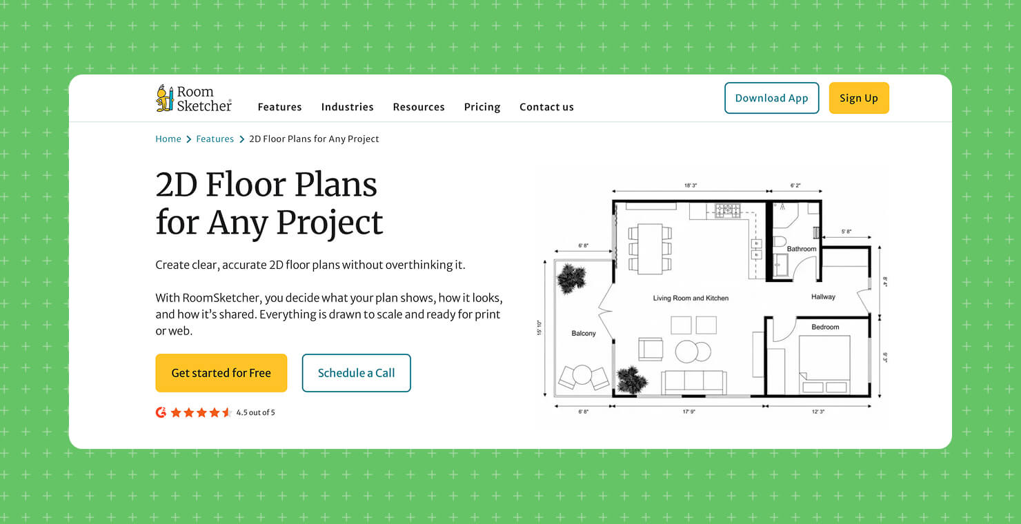 The RoomSketcher’s main webpage showcasing 2D floor plans with a furnished apartment layout and free trial call to action button.