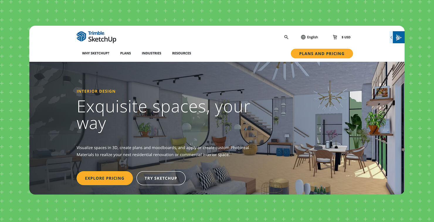The main page on the SketchUp’s website showcasing a modern open-plan living space with pricing and trial buttons.