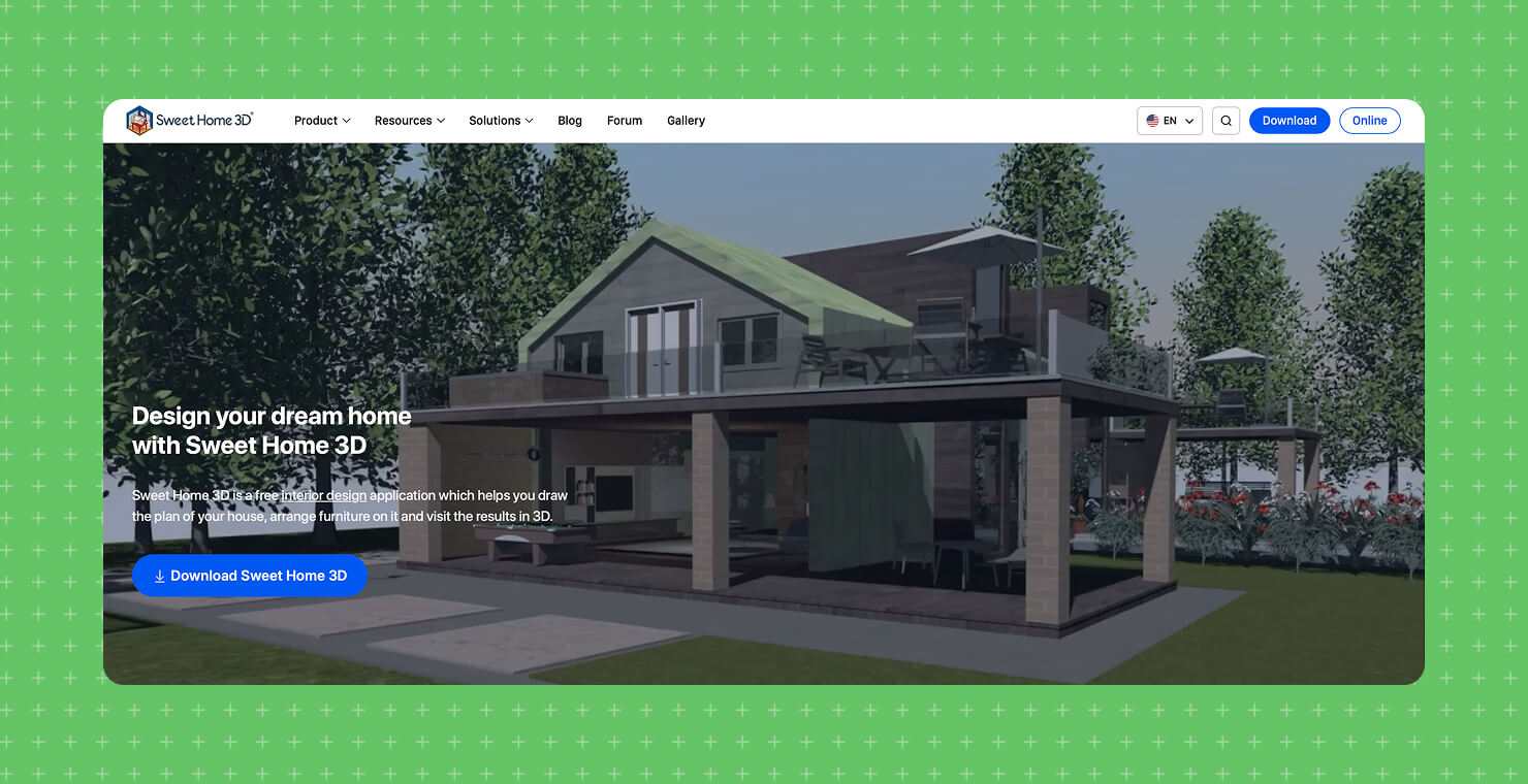The main page of the Sweet Home 3D’s website featuring a modern house exterior and a download button for the home design software.