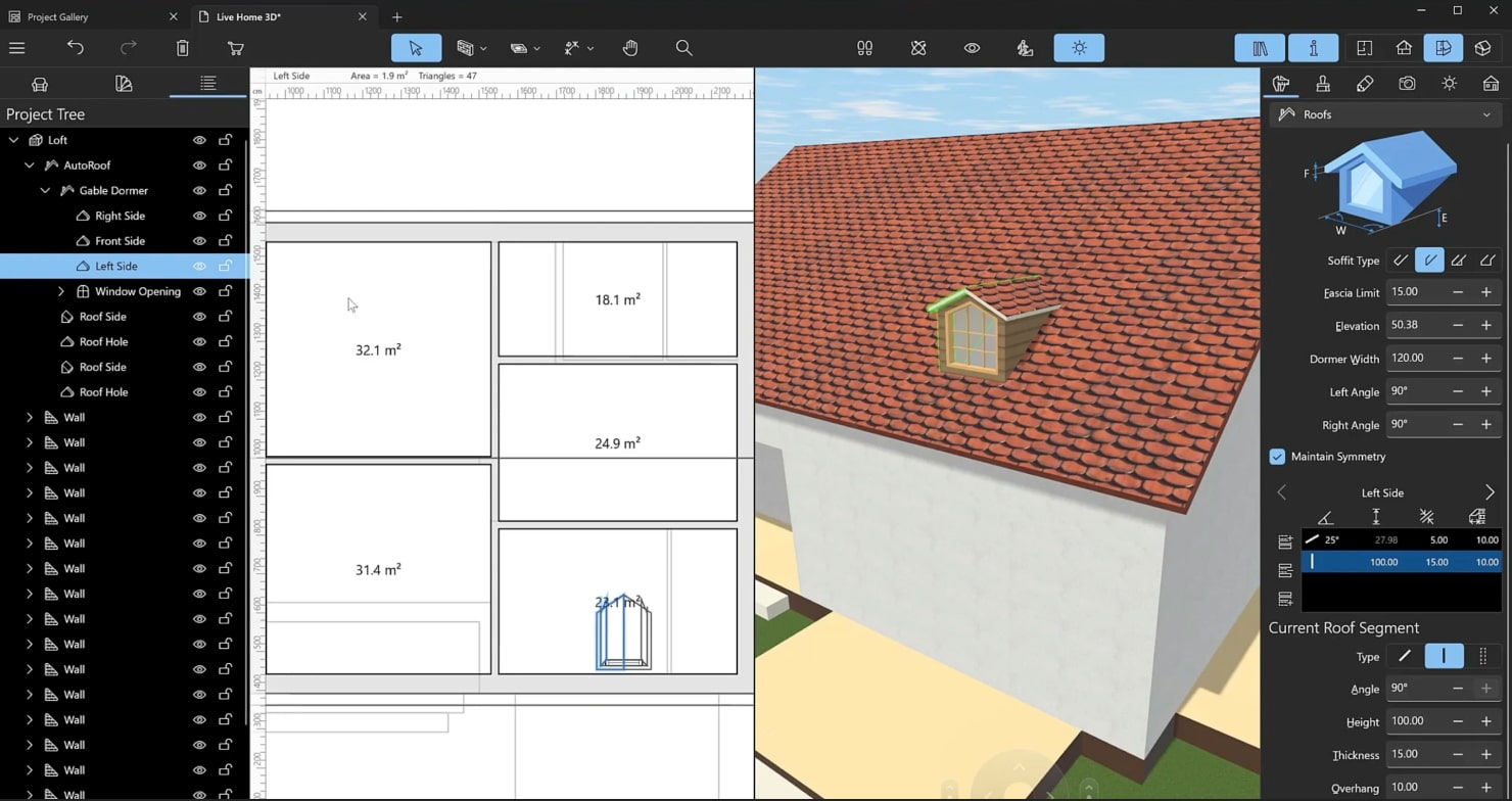 A screenshot illustrating the process of adding a dormer to the roof in Live Home 3D.