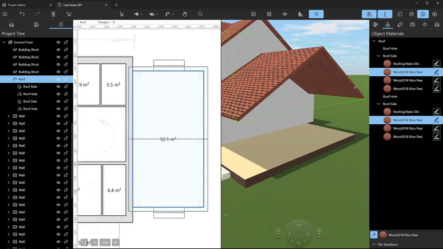 A screenshot illustrating the process of adding the materials to the roof in Live Home 3D.