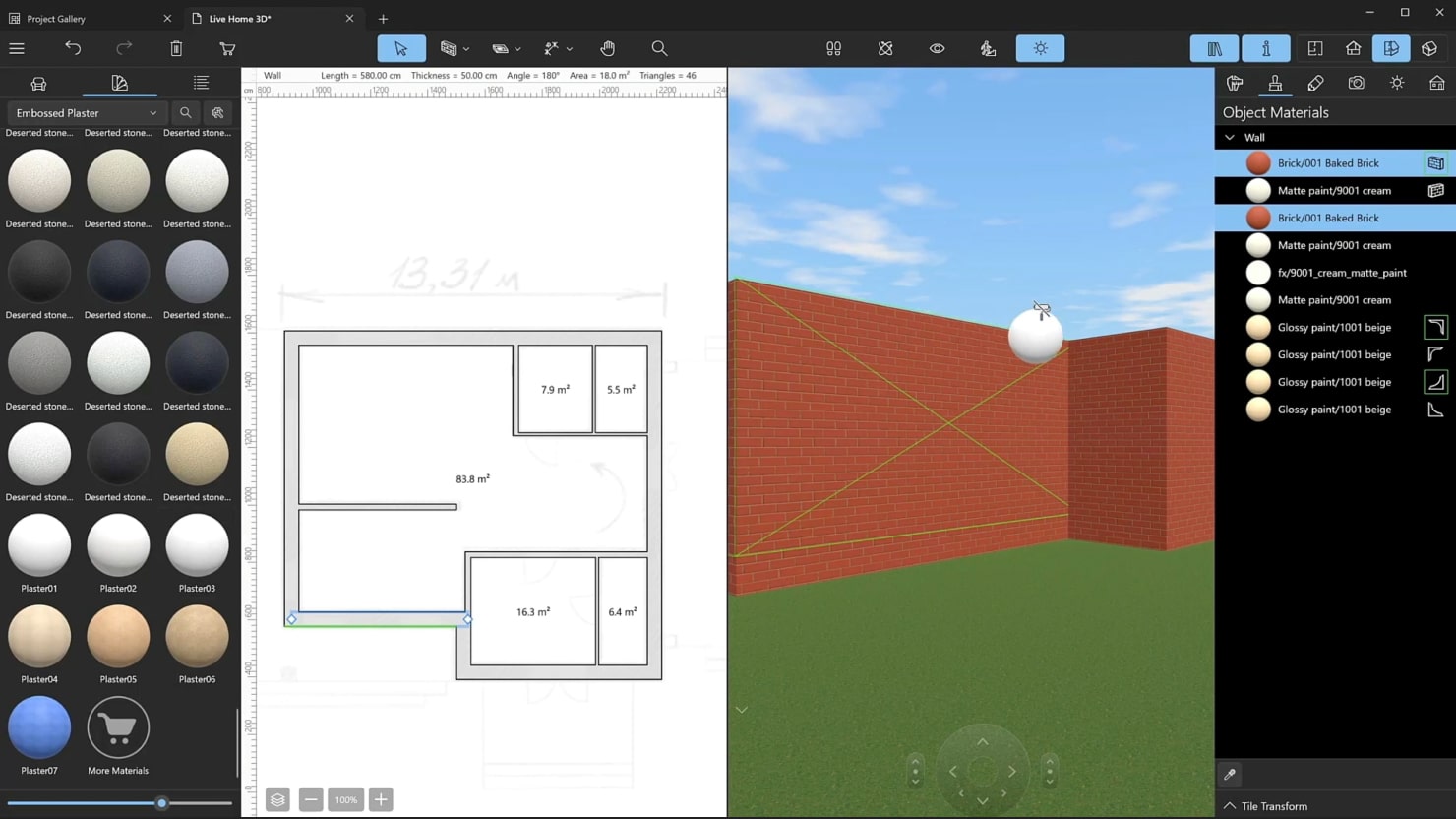 A screenshot illustrating the process of adding materials in Live Home 3D.