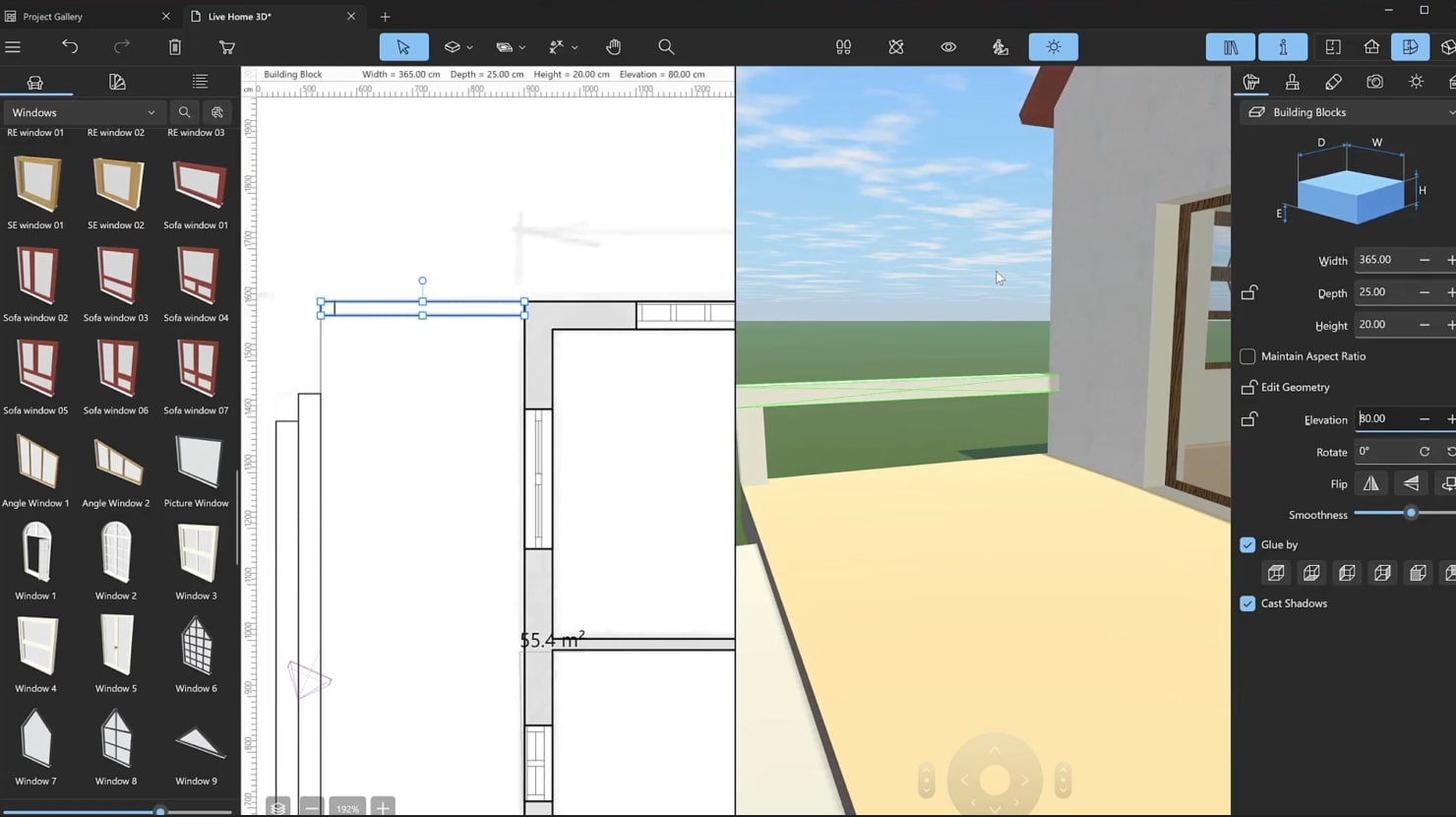 A screenshot illustrating the process of adding rails to the balcony.