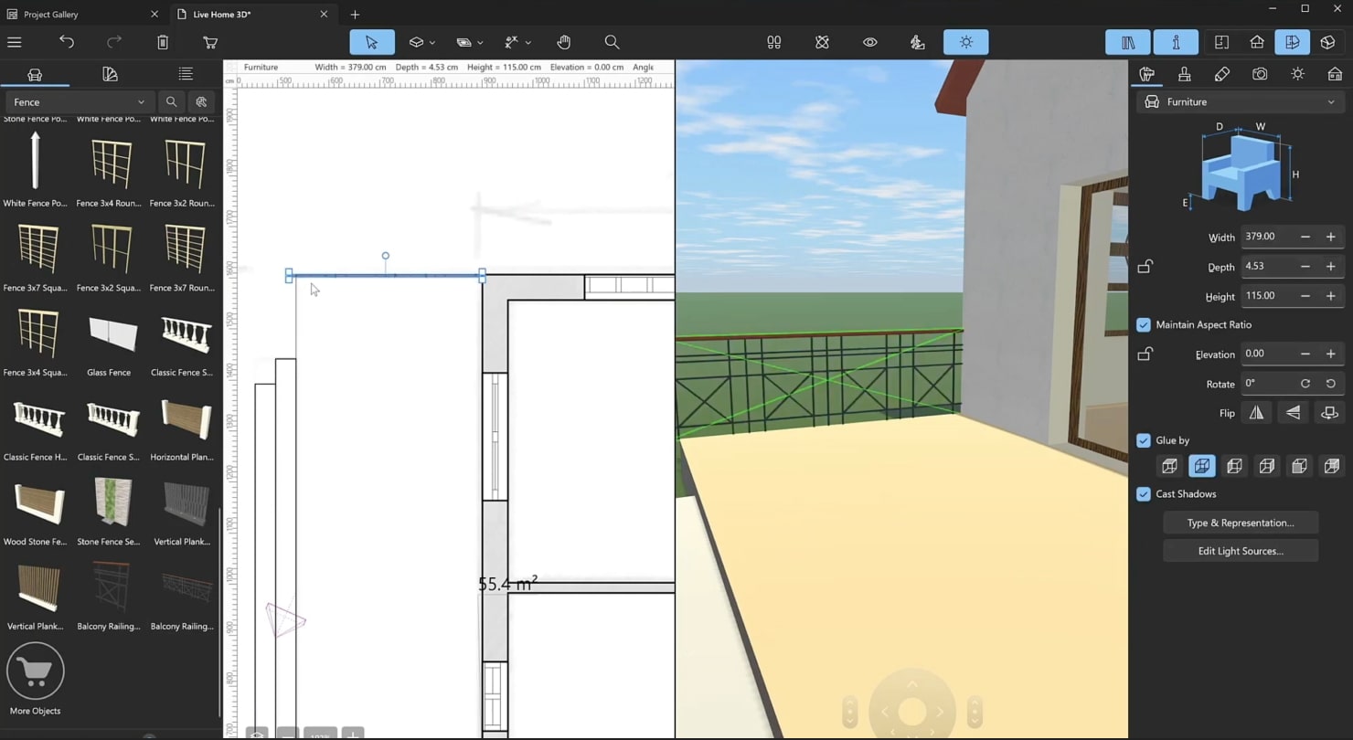 A screenshot illustrating the process of adding rails to the balcony.