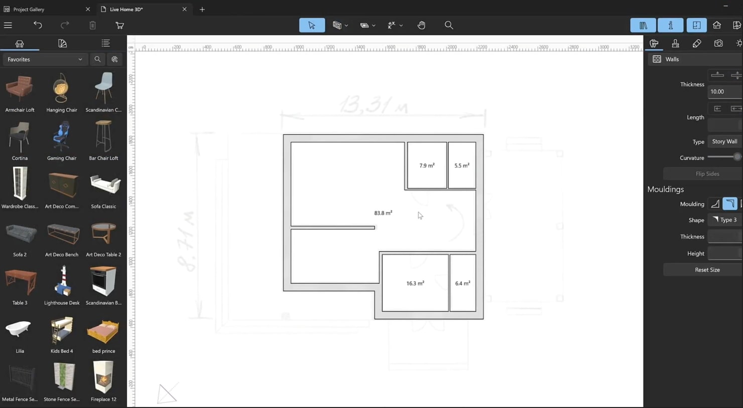 A screenshot illustrating the process of building walls in Live Home 3D.