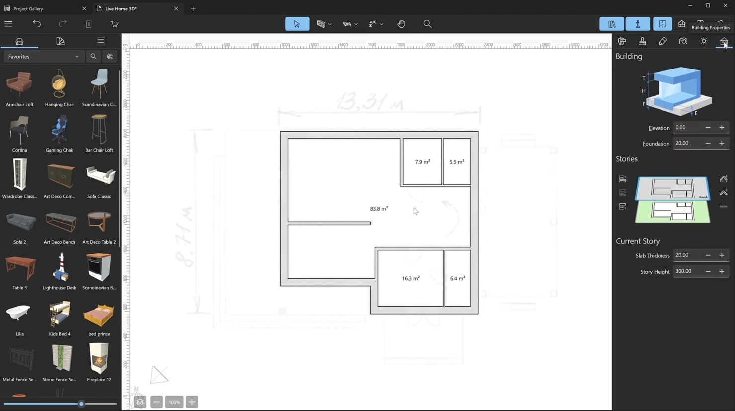 A screenshot illustrating the process of building walls in Live Home 3D.