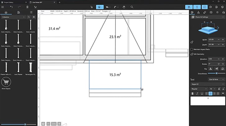 Changing the thickness of the balcony slab in Live Home 3D. 