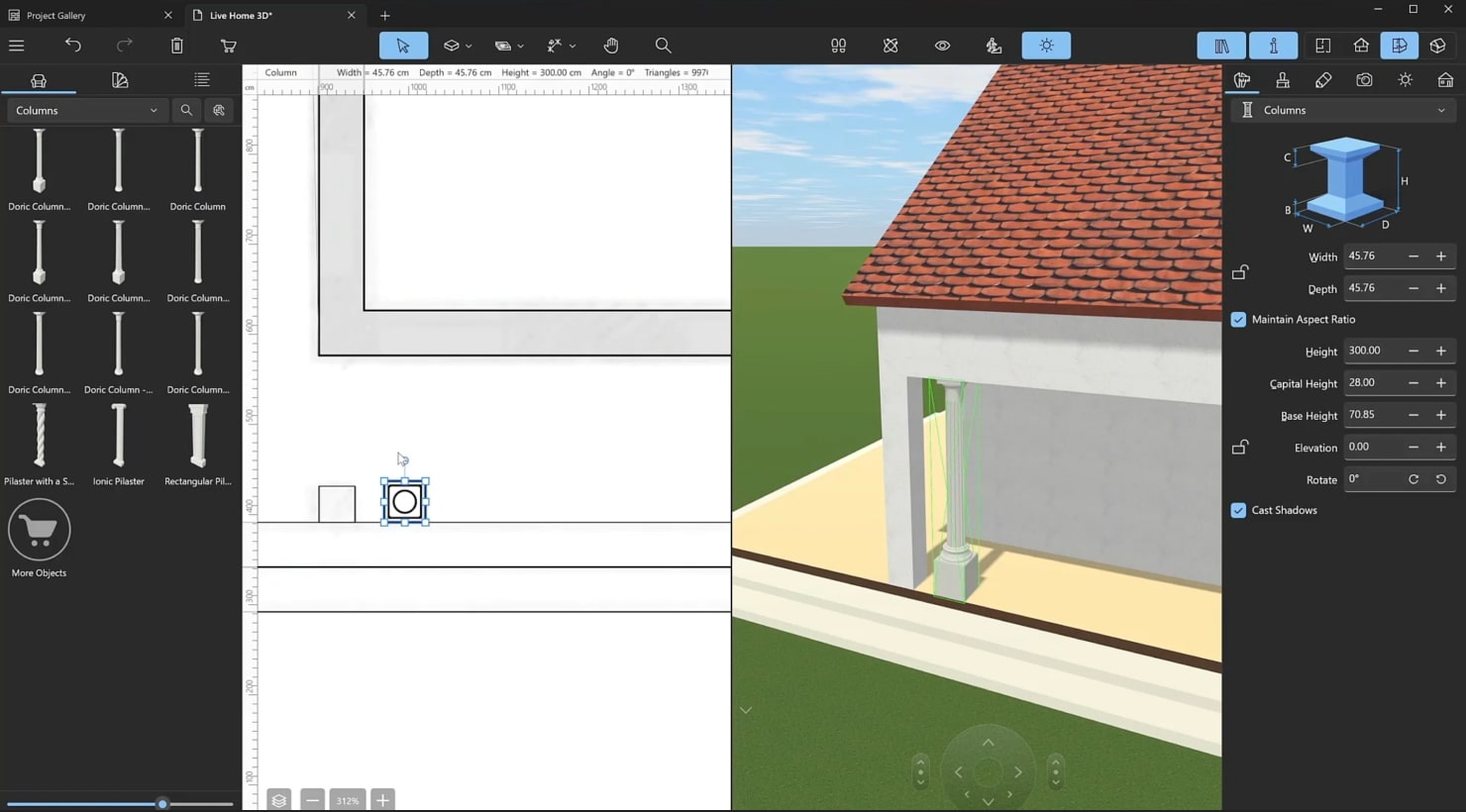 A screenshot illustrating the process of choosing columns from the Live Home 3D library.