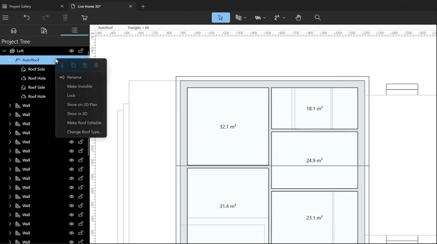 A screenshot illustrating the process of editing the roof in Live Home 3D.