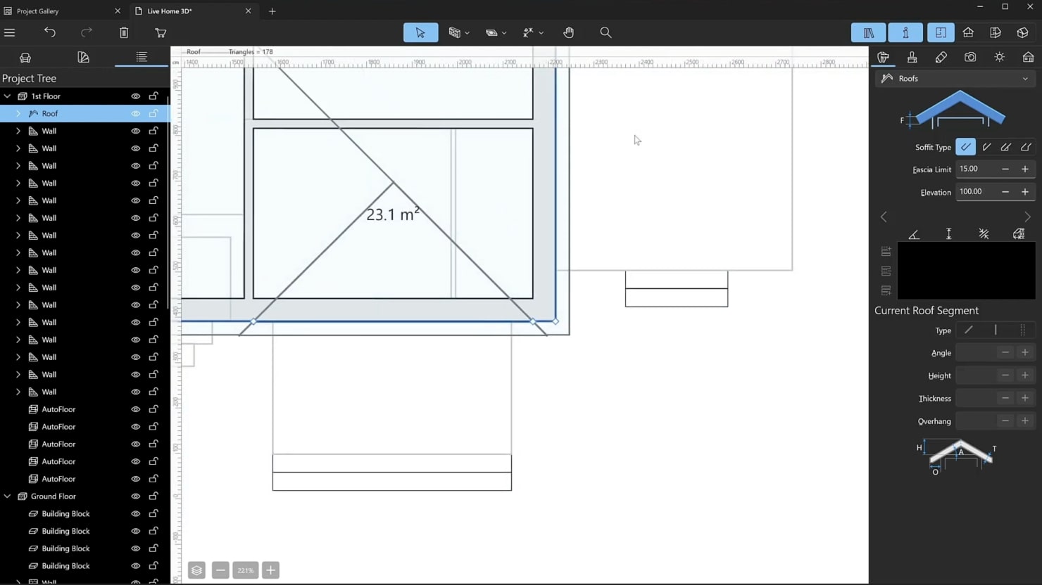 A screenshot illustrating the process of editing the roof in Live Home 3D.