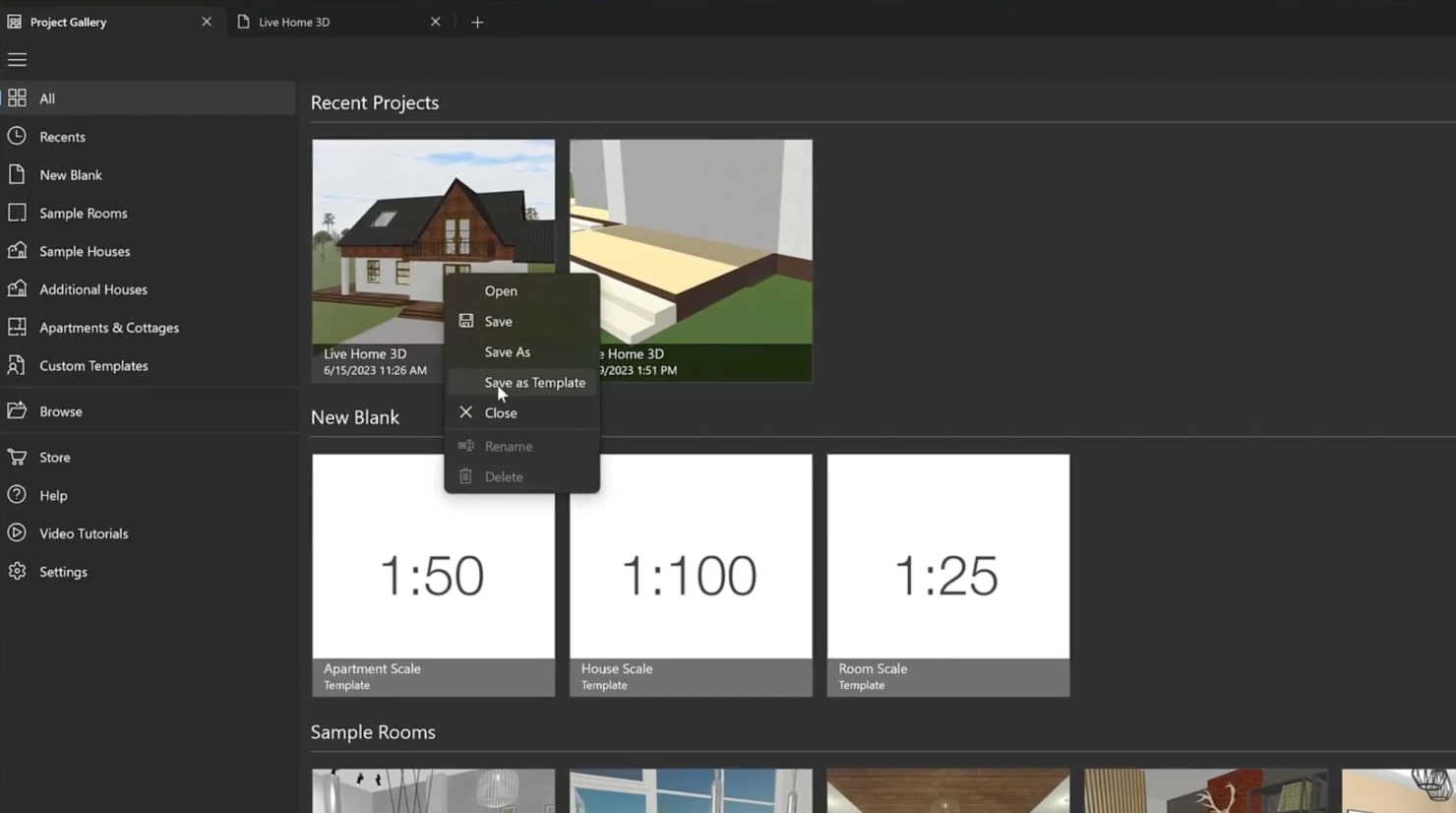 A screenshot illustrating the Project Gallery of Live Home 3D app.