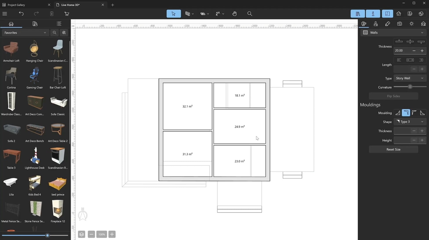 A screenshot illustrating the process of working with load-bearing walls in Live Home 3D.