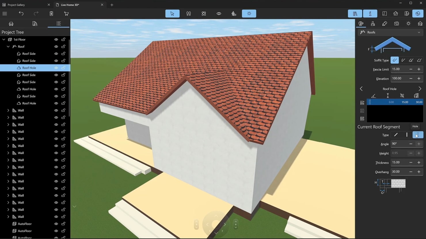 A screenshot illustrating the process of working with the roof shape in Live Home 3D.