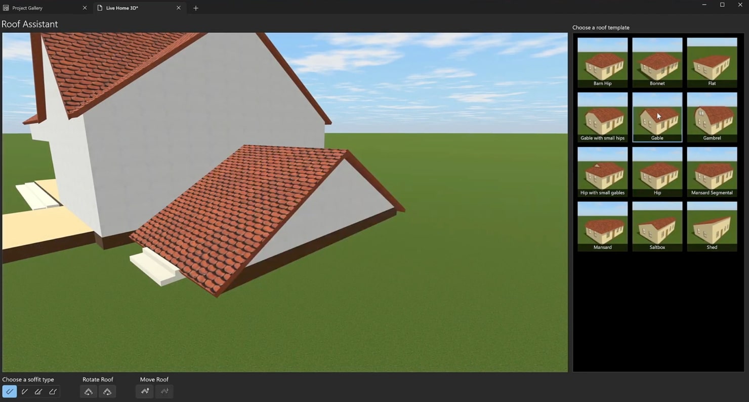 A screenshot illustrating the process of working with the roof shape in Live Home 3D.