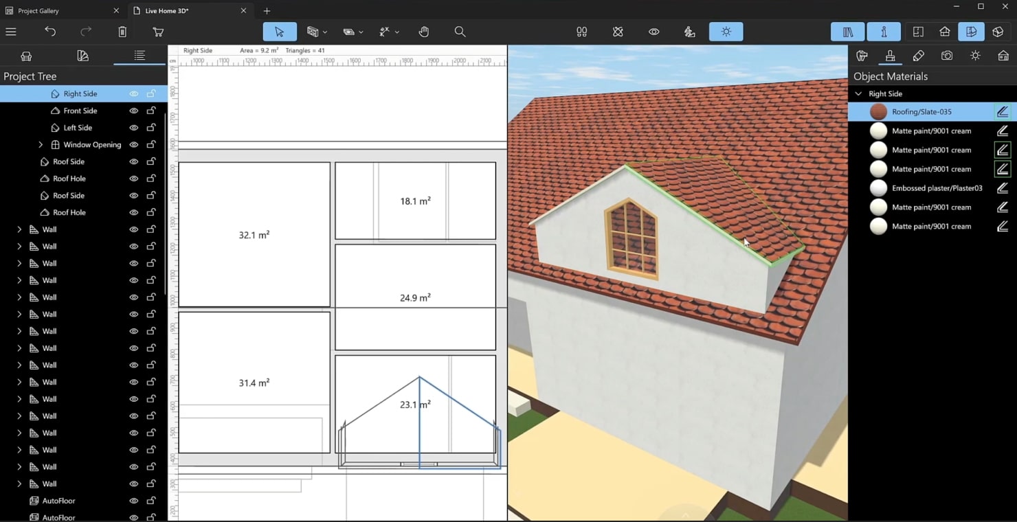 A screenshot illustrating the process of working with the roof in Live Home 3D.