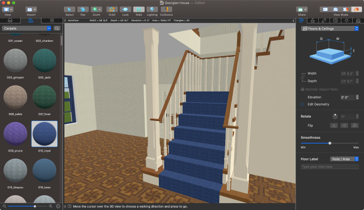 Applying a material onto a carpet in Live Home 3D for Mac.