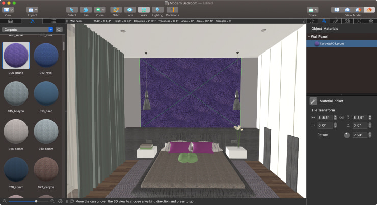 Applying a material onto a rug in Live Home 3D for Mac.