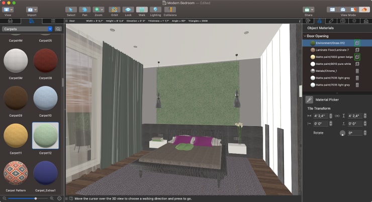 Applying a material onto a rug in Live Home 3D for Mac.