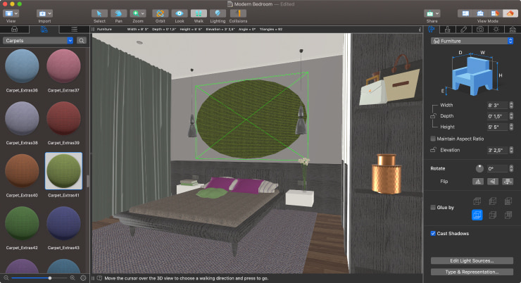 Applying a material onto a rug in Live Home 3D for Mac.