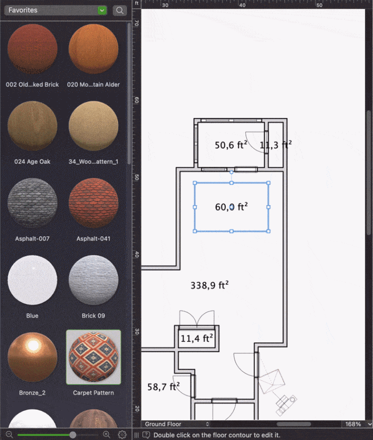 Applying a material onto a rug created with the help of the Floor tool in Live Home 3D for Mac.