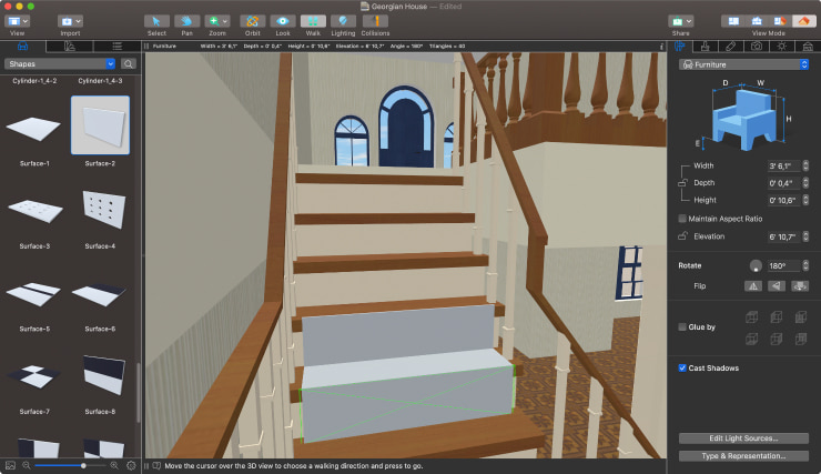 Using Shapes to create a carpet on the stairs in Live Home 3D for Mac.