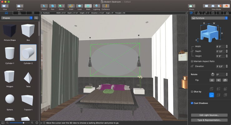 Using Shapes to create a rug of an arbitrary shape on the wall in Live Home 3D for Mac.