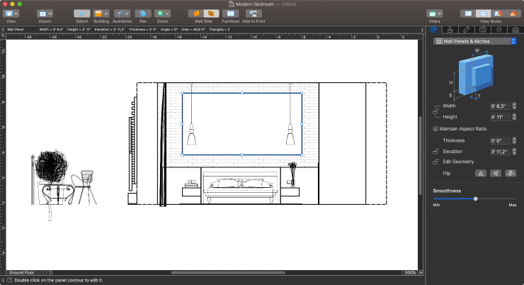 Working in 2D Elevation View to create a rug on a wall in Live Home 3D for Mac.