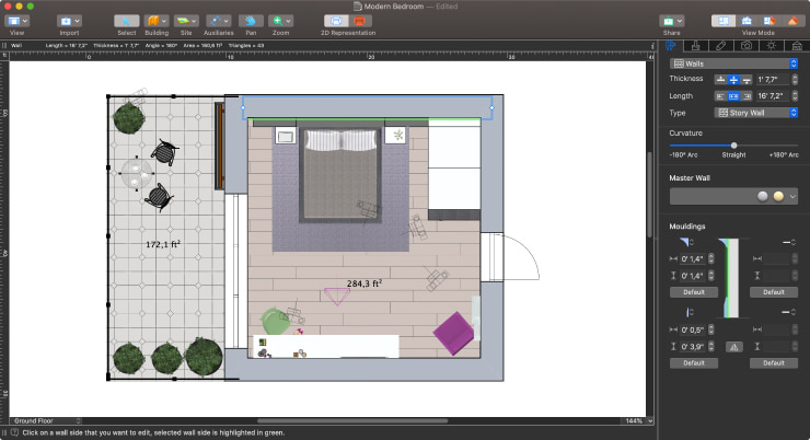Working in 2D Elevation View to create a rug on a wall in Live Home 3D for Mac.