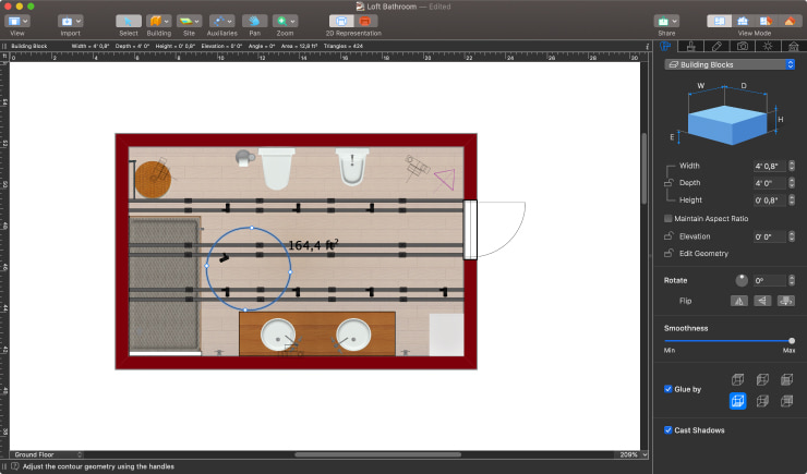 Using the Building Block tool to create a round rug on the floor in Live Home 3D for Mac.