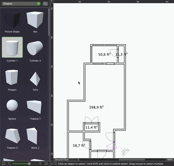 Using Shapes to create a rug on the floor in Live Home 3D for Mac.