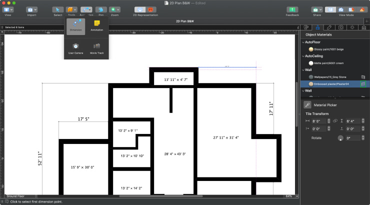 A floor plan with Dimension tool in Live Home 3D Pro for Mac
