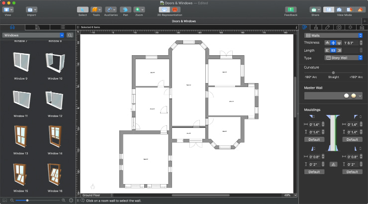 A floor plan with window objects in Live Home 3D Pro for Mac