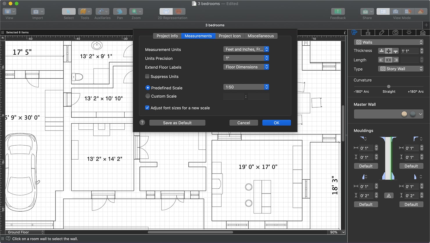 A floor plan with the Measurements tab of the Project Settings dialog of Live Home 3D.