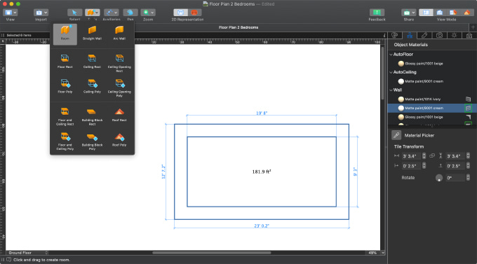  A Room tool selected in Live Home 3D Pro for Mac