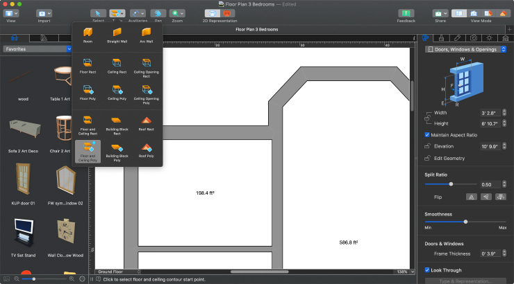 A Floor and Ceiling Poly tool selected in Live Home 3D Pro for Mac